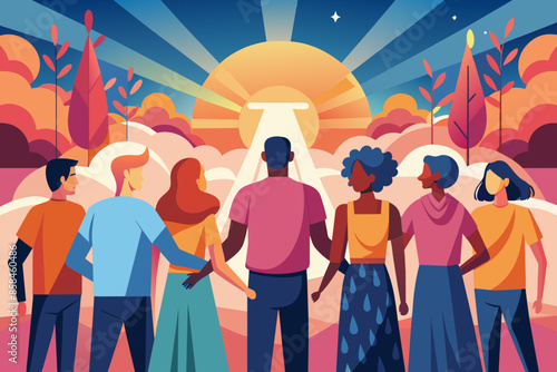 A diverse group of people holding hands in front of a red ribbon at a charity event.