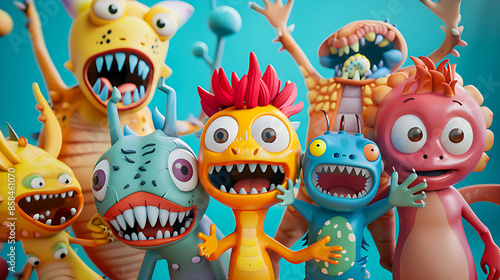 Animated characters, monsters, creatures on a light background