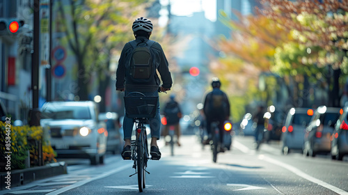 Urban Cyclist Commuting in Busy City Street with Helmet and Backpack © Nick Alias