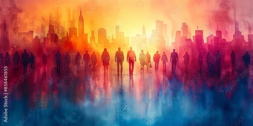 Silhouettes of people walking towards a vibrant city skyline with a sunset background, representing urban life and diversity. Silhouettes of people walking towards a vibrant city skyline with a sunset background, representing urban life and diversity.