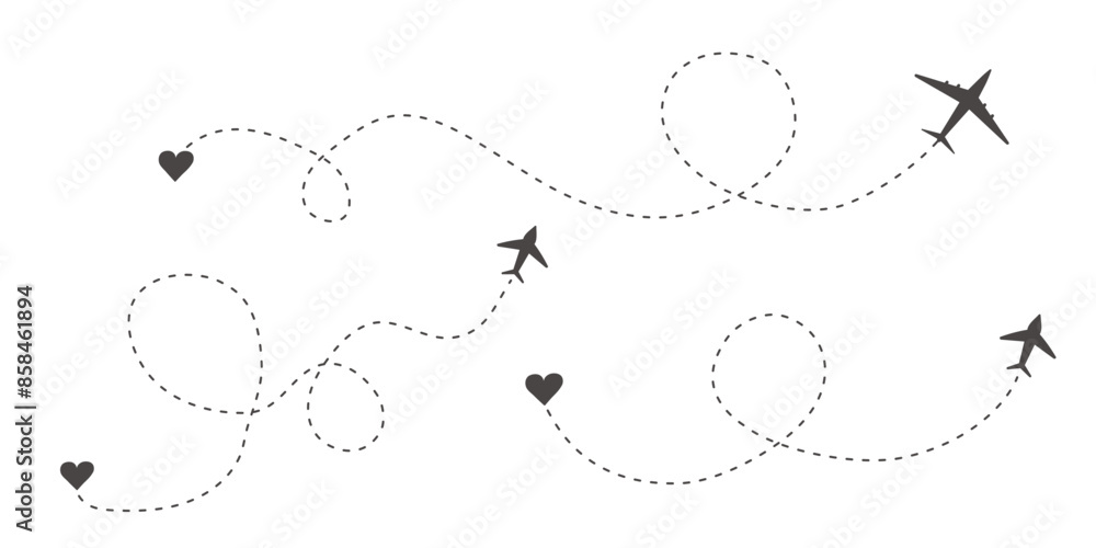 Itinerary dashed trace, line airplane flight, dotted path, aircraft tracking simple minimal trip isolated on white background. Plan with start point. Tattoo Itinerary dashed trace, line airplane flight, dotted path, aircraft tracking simple minimal trip isolated on white background. Plan with start point. Tattoo