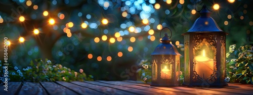 Arabic lantern, burning candles, dates and misbaha on mirror surface against blurred lights. AI generated illustration