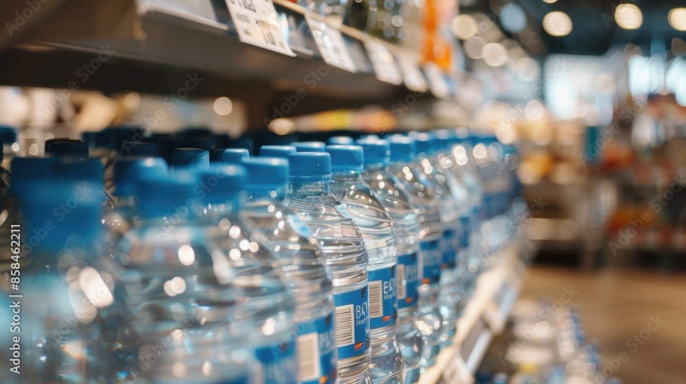 Obraz premium Row of plastic water bottles on supermarket shelf