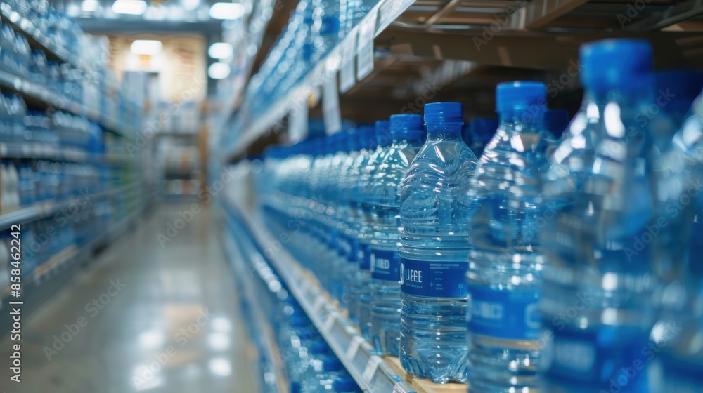 Rows of plastic water bottles on supermarket shelf Rows of plastic water bottles on supermarket shelf