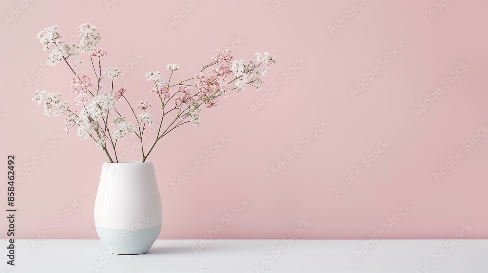 Minimalist white vase with delicate flowers against a pastel pink background, perfect for home decor and interior design inspiration. Minimalist white vase with delicate flowers against a pastel pink background, perfect for home decor and interior design inspiration.
