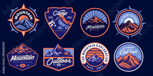 mountain adventure hipster logos. Set of Vintage Outdoor mountains Summer Camp badges or Patches. vector emblem designs. Great for shirts, stamps, stickers logos and labels.