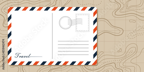 postcard white paper with red and blue on vintage topographic texture background. concept of travelling illustration. air mail or envelope 