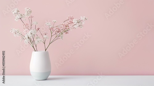 Minimalist white vase with delicate flowers against a pastel pink background, perfect for home decor and interior design inspiration. © May Chanikran