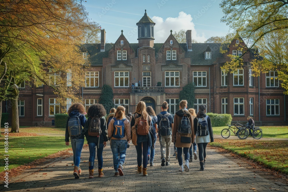 Obraz premium Students walking towards a historic brick school building on a sunny day, representing education and academic life.