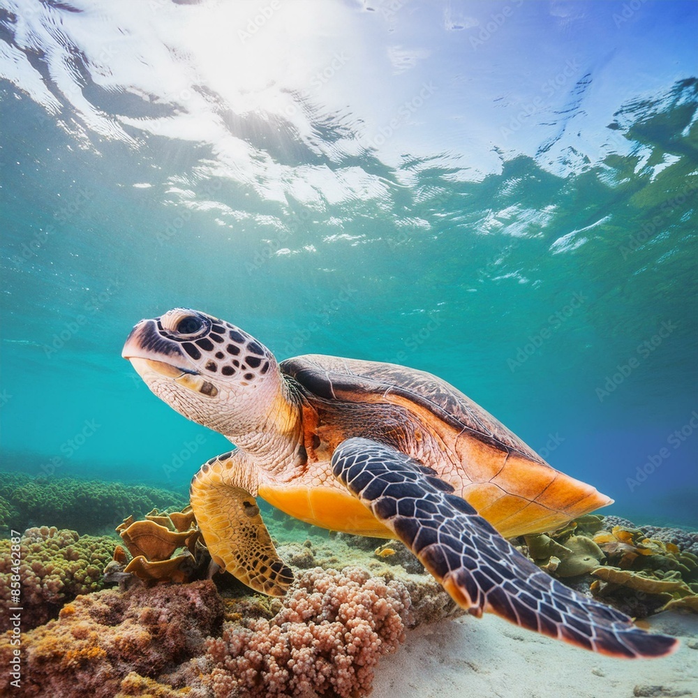 Obraz premium Majestätische Schildkröte: Schwimmend durch das blaue Meer