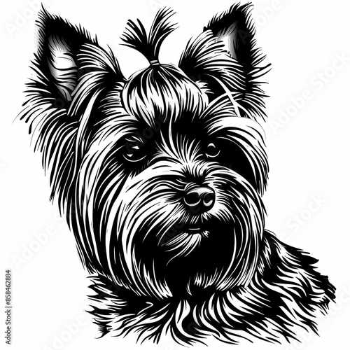 A black and white drawing of a yorkshire terrier dog