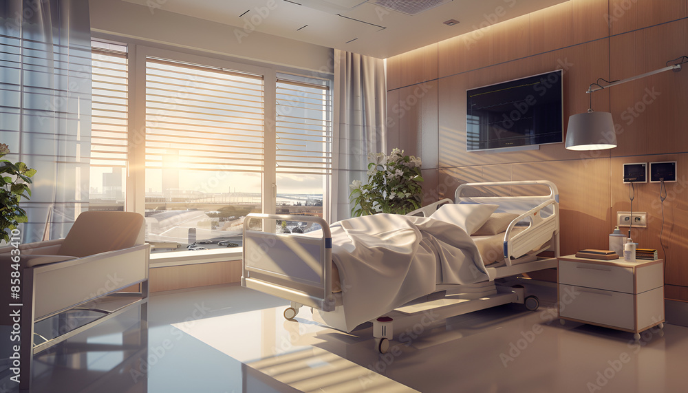 Close-up of empty modern hospital room with bed Close-up of empty modern hospital room with bed