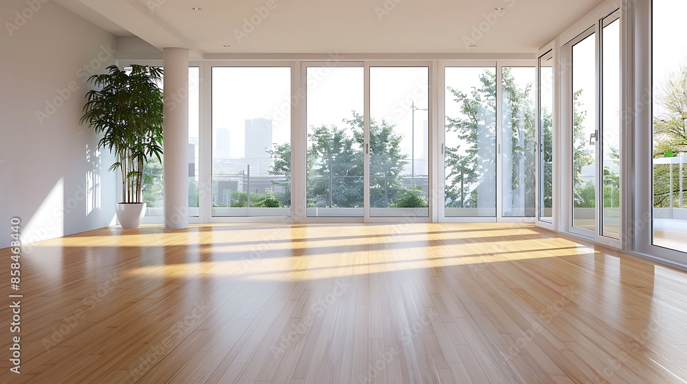 Obraz premium minimalist studio apartment with flooring made from sustainable bamboo and large, energy-efficient windows that provide natural lighting