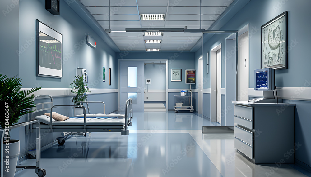 Close-up of empty modern hospital room with bed Close-up of empty modern hospital room with bed