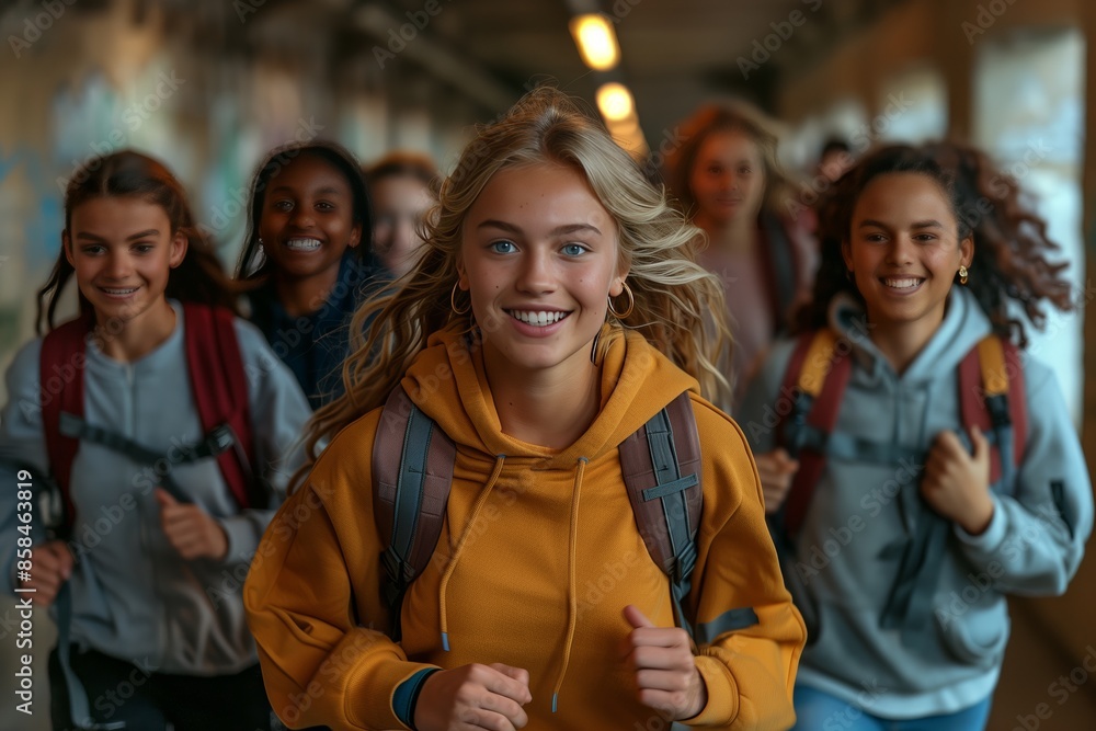 Diverse Students Running in School Corridor Diverse Students Running in School Corridor