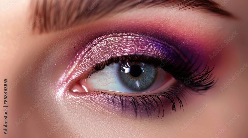 Close-up of a womans eye with vibrant pink and purple eye makeup Close-up of a womans eye with vibrant pink and purple eye makeup