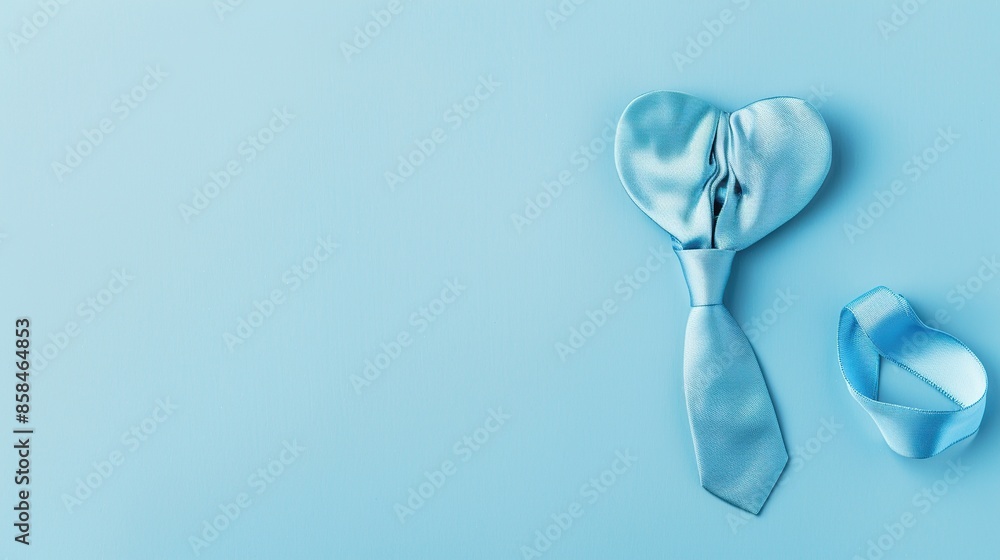 Blue Heart-Shaped Tie with Ribbon on Blue Background Blue Heart-Shaped Tie with Ribbon on Blue Background