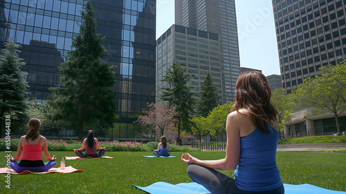 A woman is sitting on a yoga mat in a park with other people. The scene is peaceful and serene, with the woman and others practicing yoga in the city photo