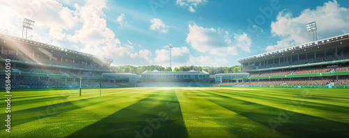 Wallpaper Mural A bustling cricket pitch background with freshly cut grass, white boundary lines, and the textures of wickets, bats, and cheering fans. Torontodigital.ca