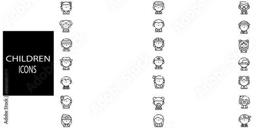 Children 21 icons collection. inluded Child care, adoption and fostering idea. School for foster parents, newborn child, boy and girl, teenagers, legal rights.Vector illustration.