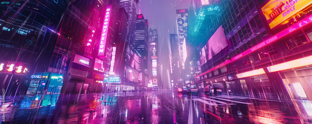 A futuristic cyberpunk cityscape background with neon lights, towering skyscrapers, and the textures of rain-soaked streets and holographic advertisements, creating a dystopian and high-tech A futuristic cyberpunk cityscape background with neon lights, towering skyscrapers, and the textures of rain-soaked streets and holographic advertisements, creating a dystopian and high-tech