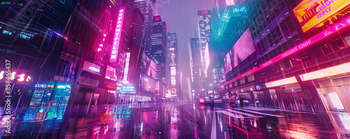 A futuristic cyberpunk cityscape background with neon lights, towering skyscrapers, and the textures of rain-soaked streets and holographic advertisements, creating a dystopian and high-tech