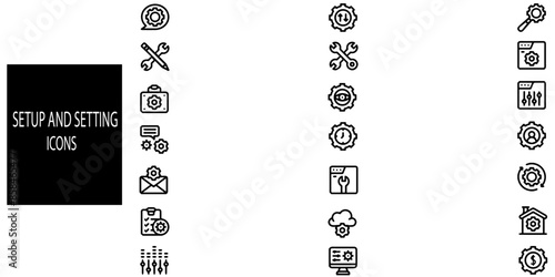 Setup and setting 21 icons collection. Containing options, configuration, preferences, adjustments, operation, gear, control panel, equalizer, management, optimization and product.Vector illustration.