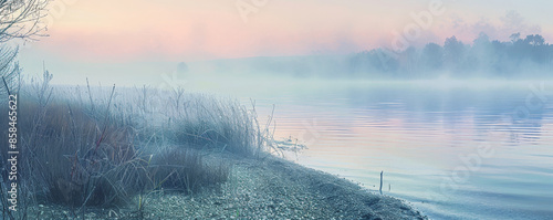 A peaceful lakeside at dawn background with mist rising from the water, pastel colors of the morning sky, and the textures of dew-kissed grass and pebbled shores, creating a refreshing atmosphere. photo