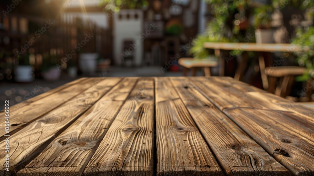 Wooden tabletop with blurred background of outdoor cafe Wooden tabletop with blurred background of outdoor cafe