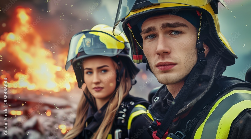 Portrait of a Brave Firefighter Team: Man and Woman Portrait of a Brave Firefighter Team: Man and Woman