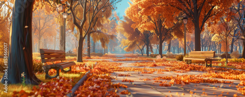 A serene autumn park background with colorful foliage, peaceful pathways, and the textures of fallen leaves and crisp air, creating a cozy and picturesque seasonal scene.