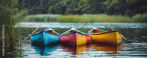 A serene canoeing lake background with calm waters, colorful canoes, and the textures of paddles dipping into the water and lush lakeside vegetation. photo