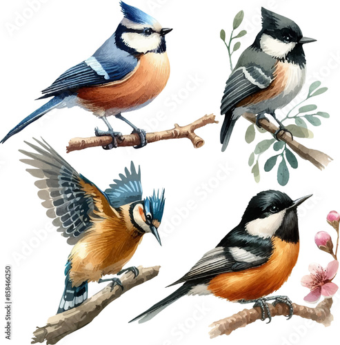 set with various, colorful birds in watercolor style in vector