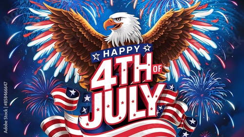 Happy 4th of July Celebration with Eagle, Fireworks, and American Flags. Generative AI.