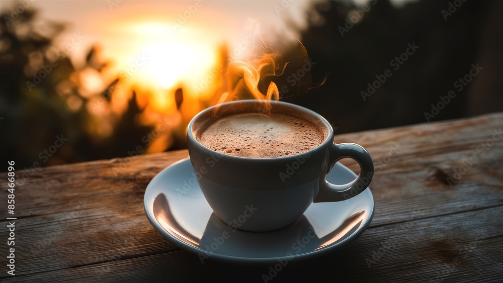 Obraz premium A steaming cup of coffee on a wooden table with a beautiful sunrise in the background, creating a serene and cozy morning atmosphere.