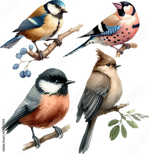 set with various, colorful birds in watercolor style in vector photo