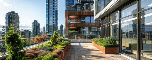 Contemporary high-rise with rooftop greenery and expansive glass windows, showcasing urban sustainability. AIG59 photo