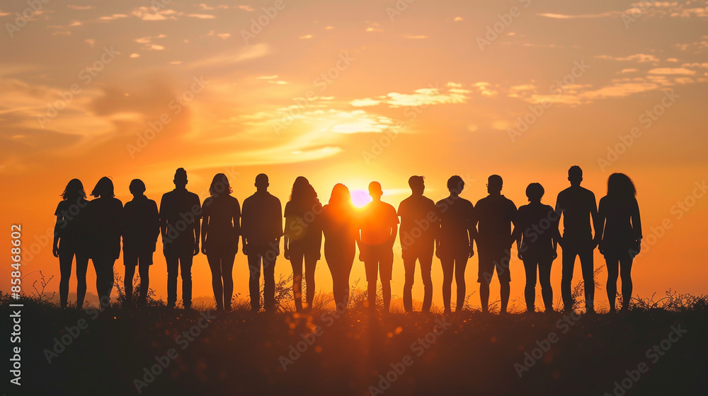 Fototapeta premium Group of People Standing Together at Sunset Silhouette