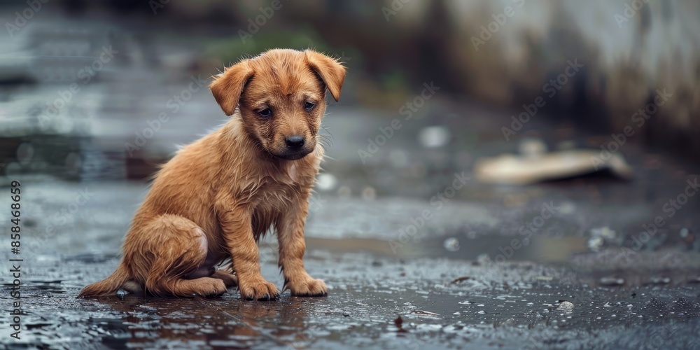 Sad homeless wet puppy sitting on the street during the rain with copy space
Sad homeless wet puppy sitting on the street during the rain with copy space