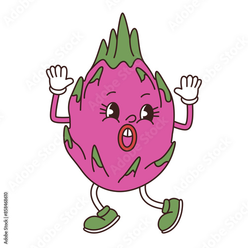 Terrified dragon fruit bounces to the side with his hands up in the air. Groovy fictional character of pitaya fruit. Vector isolated illustartion.