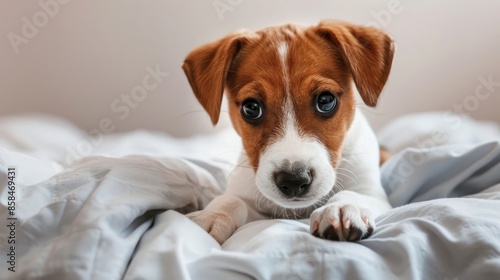Adorable Jack Russel terrier puppy seeking to hop on a bed with folded ears © AkuAku