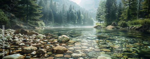 A serene mountain river background with clear flowing water, rocky banks, and the textures of pine trees and smooth pebbles, creating a peaceful and natural setting. photo