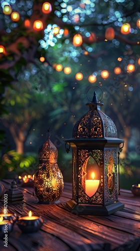 Arabic lantern, burning candles, dates and misbaha on mirror surface against blurred lights. AI generated illustration