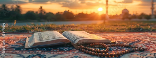 Photo of a prayer mat with an open Quran and rosary on top, in a front view, during sunset. AI generated illustration photo