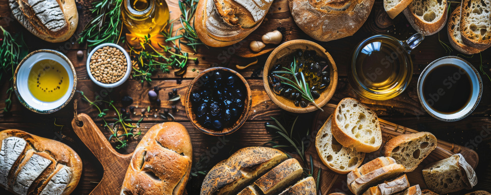 Fototapeta premium A top view of a wooden table covered with different types of bread, including whole grain, rye, and focaccia, with small bowls of olive oil and balsamic vinegar. Muted, neutral colors set a cozy mood.