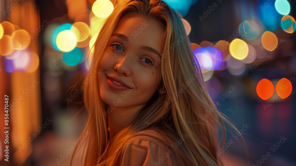 A young beautiful woman walks through the evening city. Happy blonde girl having fun outdoors. Concept of walking, fun. A young beautiful woman walks through the evening city. Happy blonde girl having fun outdoors. Concept of walking, fun.