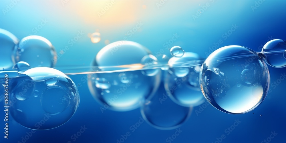 Clear blue bubbles floating on a light blue background, with a soft ...
