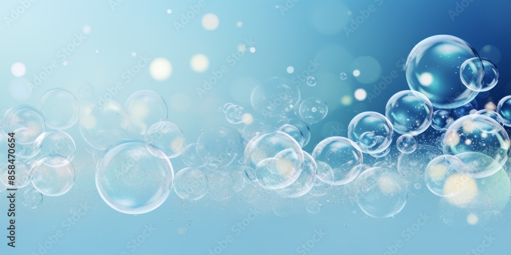 Clear blue bubbles floating on a light blue background, with a soft gradient and wavy lines, creating a fresh and airy atmosphere, banner with copy space. Concept: water bubbles, freshness, purity, cl Clear blue bubbles floating on a light blue background, with a soft gradient and wavy lines, creating a fresh and airy atmosphere, banner with copy space. Concept: water bubbles, freshness, purity, cl