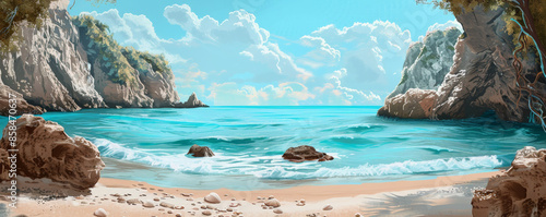 A tranquil beach cove background with turquoise waters, sandy shores, and the textures of seashells and rocky cliffs, creating a secluded coastal scene.