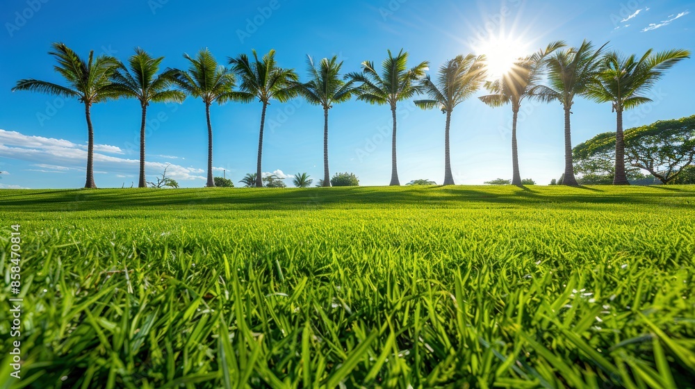 Beautiful landscape with a row of palm trees, bright green grass, and clear blue sky with the sun shining brightly in the background. Beautiful landscape with a row of palm trees, bright green grass, and clear blue sky with the sun shining brightly in the background.